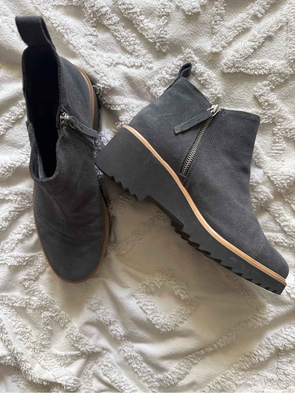 Toms Charcoal Suede Wedge Ankle Booties with Side Zip